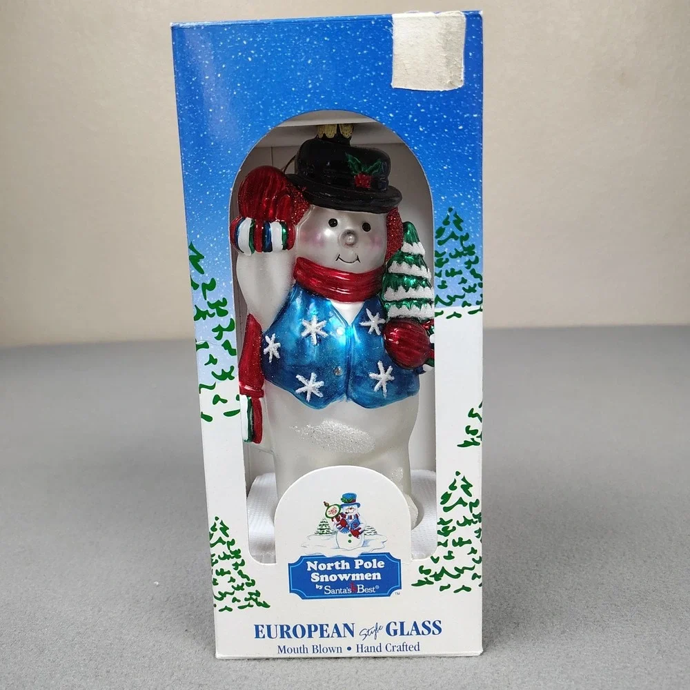 SANTAS BEST Jumbo Snowman Christmas Tree Ornament Mouth Blown Glass Hand Crafted